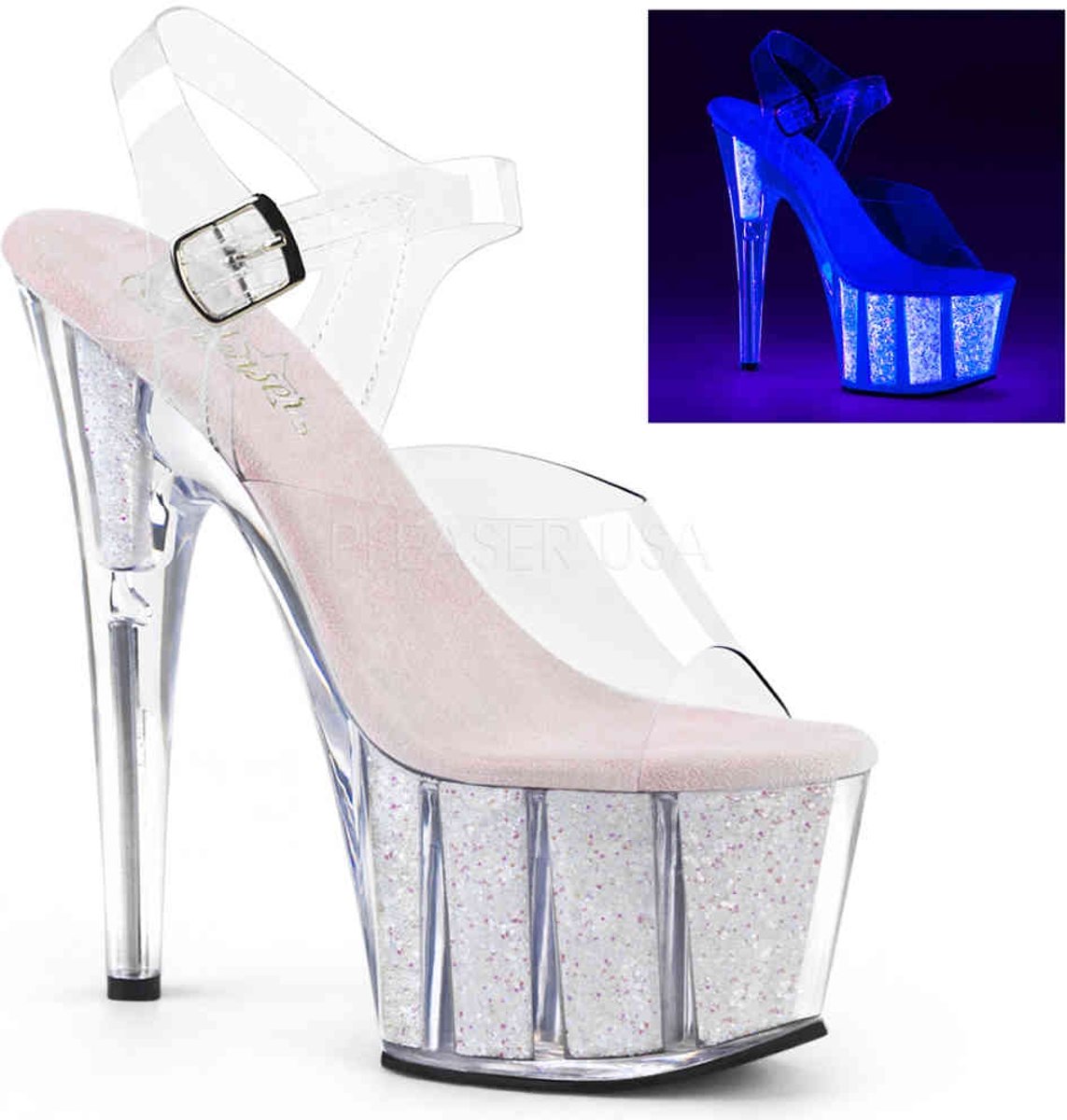 EU 36 = US 6 | ADORE-708UVG | 7 Heel, 2 3/4 PF Ankle Strap Sandal w/ Glitter Inserts